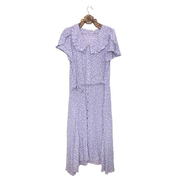 Christy Dawn Midi Dress Lavender Floral Ruffle Collar Button Up Tie Waist 3X - Picture 4 of 13